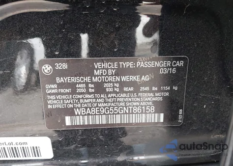 2016 BMW 328I from USA, damaged, VIN WBA8E9G55GNT86158